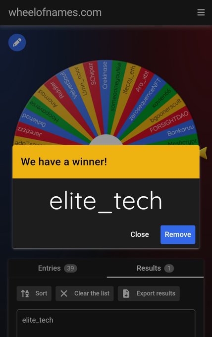 A screenshot of a random name picker tool from wheelofnames.com displays 'elite_tech' as the winner from a list of 39 entries.