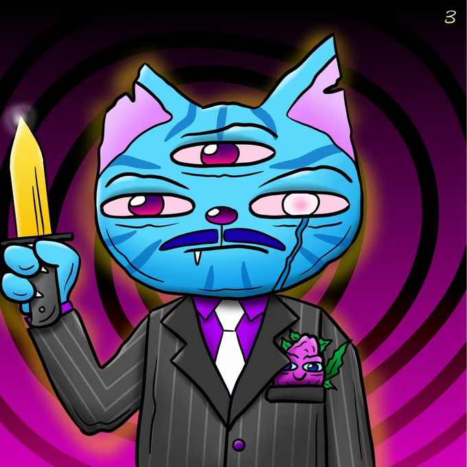 A cartoon drawing of a blue, multi-eyed cat in a pinstripe suit holding a knife, with a small purple flower creature in its pocket, set against a hypnotic spiral background.