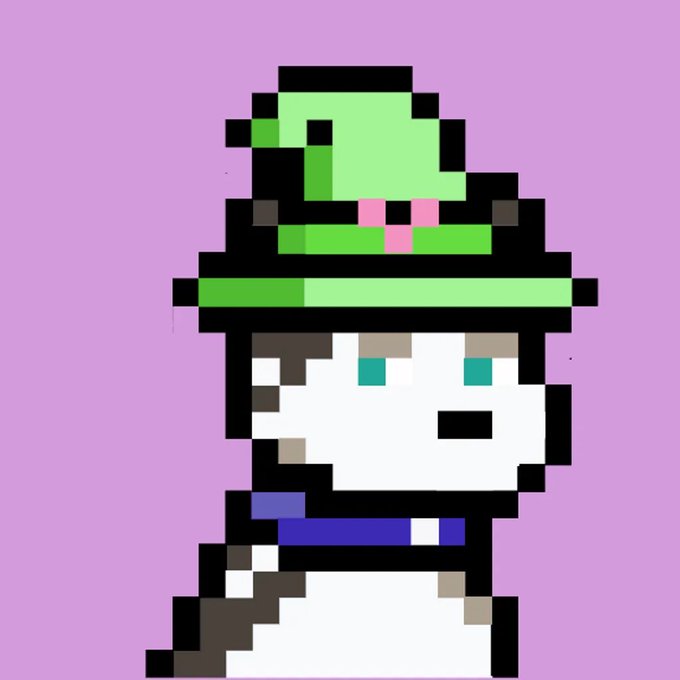 A pixel art character—a white cat with teal eyes wearing a purple collar and a large green hat—stands against a light purple background, fitting the playful $XRP NFT theme.