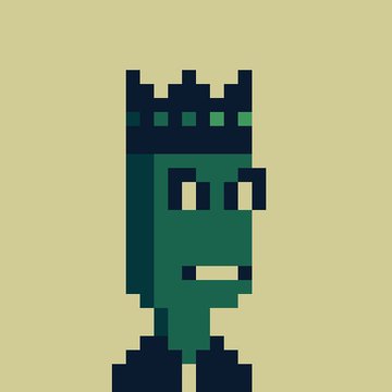 Pixel art illustration of a green-skinned character wearing a dark crown, with a neutral facial expression, set against a beige background.