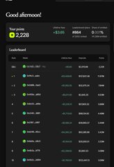 A digital dashboard displays a "Good afternoon!" greeting with a points balance of 2,228 (+3.69 vs $13.89 USDG) and a leaderboard ranking, accompanying a post about earnings from a GLD/USDG liquidity pool where the user invested $2,000 and earned 2,228 points with $3.65 in transaction fees deducted.