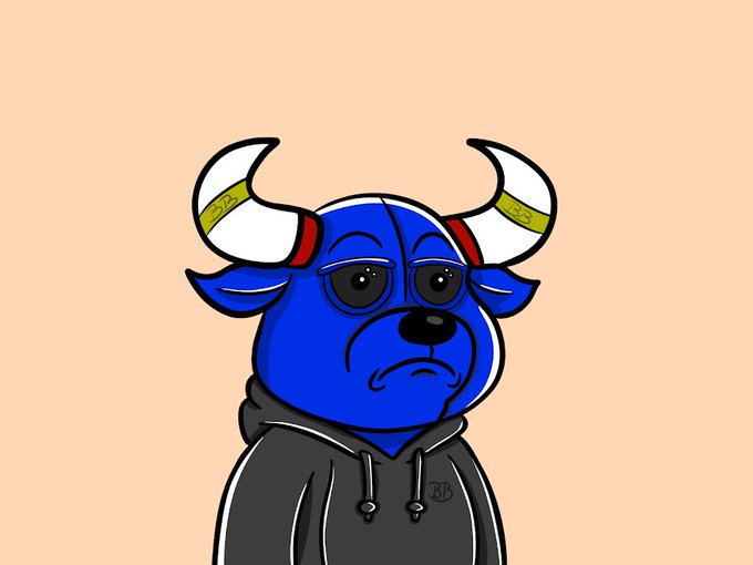 A cartoon illustration of a blue bull character wearing sunglasses and a gray hoodie against a beige background.