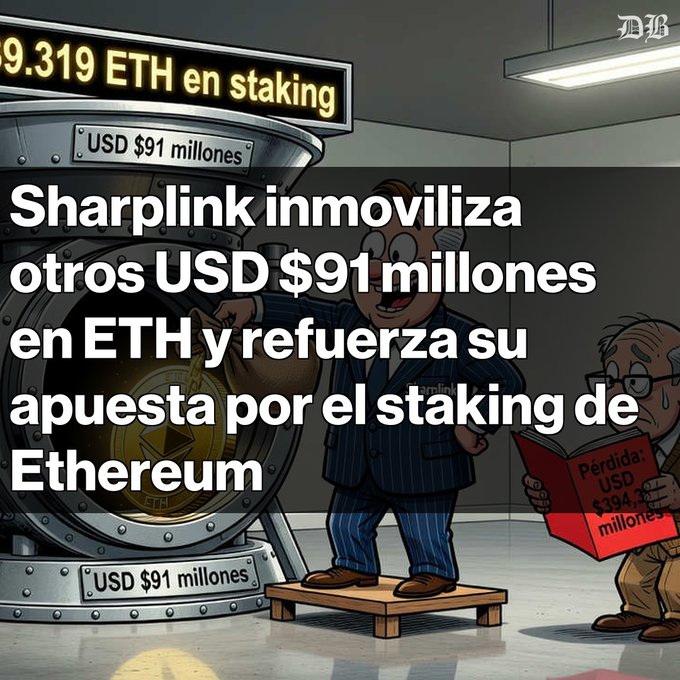 A cartoon illustration of a man in a pinstripe suit standing next to a bank vault, with overlaid text in Spanish reading 'Sharplink inmoviliza otros USD $91 millones en ETH y refuerza su apuesta por el staking de Ethereum' and a banner showing '9.319 ETH en staking'.