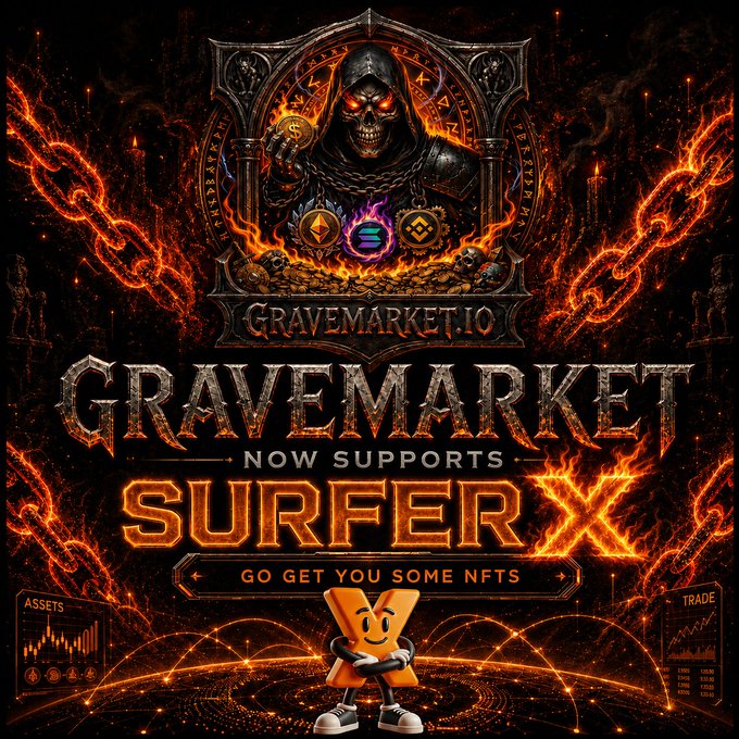 A dark, fiery promotional graphic for 'GRAVEMARKET IO' featuring a hooded grim reaper character and text announcing 'NOW SUPPORTS SURFER X' with a call to action 'GO GET YOU SOME NFTS'.