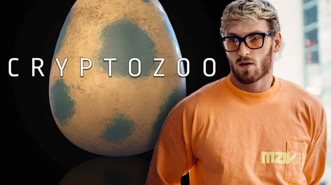 Logan Paul stands beside a speckled egg graphic labeled "CRYPTOZOO" while wearing an orange shirt with the "mZIZU" logo, the promotional image reflecting his post's somber note of remembrance.