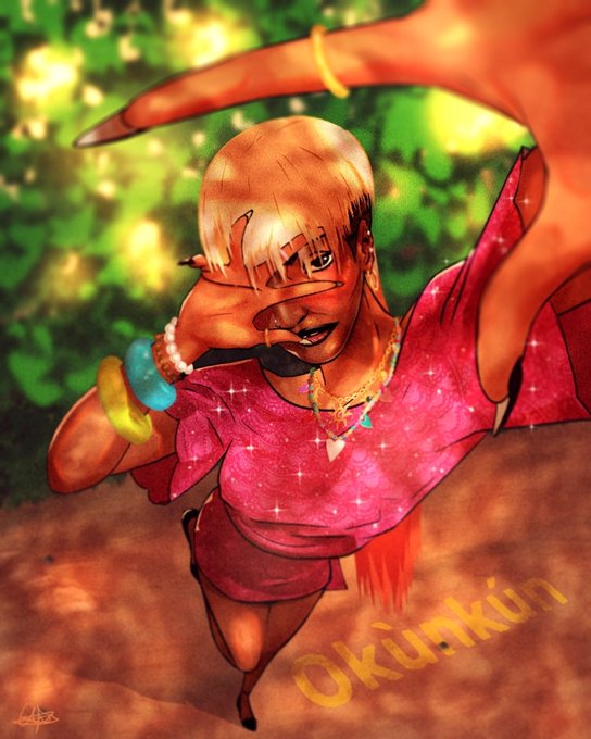 A vibrant digital illustration titled "Okunkun" (2026) by artist @solana_tii features a stylized figure with blonde bangs and a sparkling pink top, striking a dynamic pose with hands raised toward the viewer against a lush green background. The artwork's bold style and signature directly correspond to the credited artist, @solana_tii, displayed at the bottom of the image.
