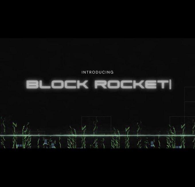A title screen reading 'INTRODUCING BLOCK ROCKET!' in white text against a black background with grass and a glowing horizontal line at the bottom.