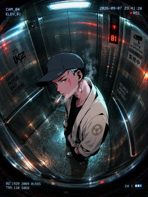An anime-style character wearing a cap and smoking a cigarette stands inside a metallic elevator, captured through a fisheye CCTV lens with a "CAM_04 ELEV_B1" timestamp of 2026-09-07 23:41:28 and visible graffiti reading "GOOD PEOPLE BAD SYSTEMS" and "SILENCE IS FURTHER." The fisheye distortion, VHS-style HUD overlay, and dim cyberpunk lighting transform the scene into a surveillance frame matching the prompt's premium cinematic concept.