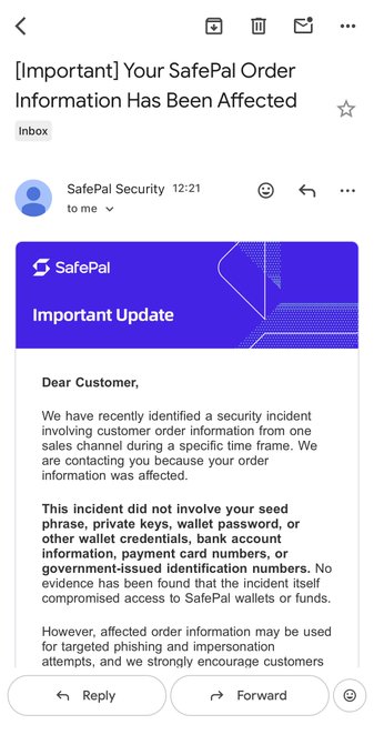 A SafePal security email notification titled '[Important] Your SafePal Order Information Has Been Affected' regarding a security incident involving customer order information from a sales channel.