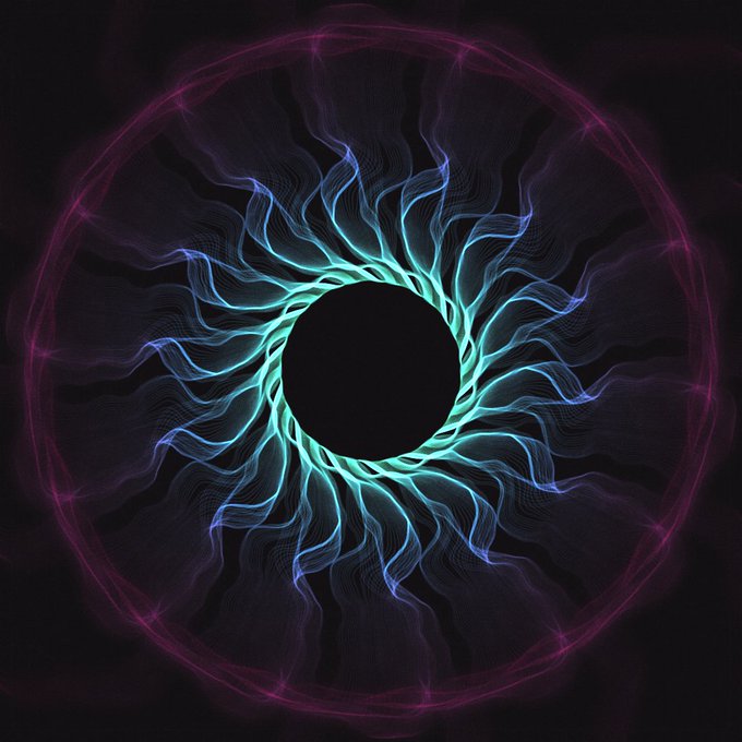 A digital artwork featuring a glowing cyan and blue circular pattern resembling a vortex or eclipse, surrounded by pink filament lines against a dark background.