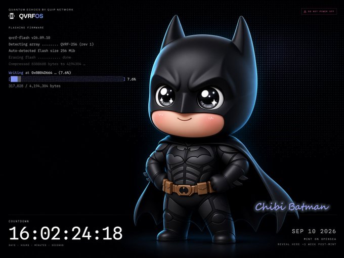 A chibi-style Batman wallpaper shows a flashing firmware screen for 'QVRFOS v26.09.10' with a countdown of 16:02:24:18 dated SEP 10 2026, labeled 'Chibi Batman' and 'POST-EVENT'.