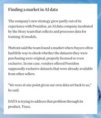 A page of text describes finding a market in AI data, including the points “Multi said the team found a market where buyers often had little way to check whether the datasets they were purchasing were original, properly licensed or even exclusive.”