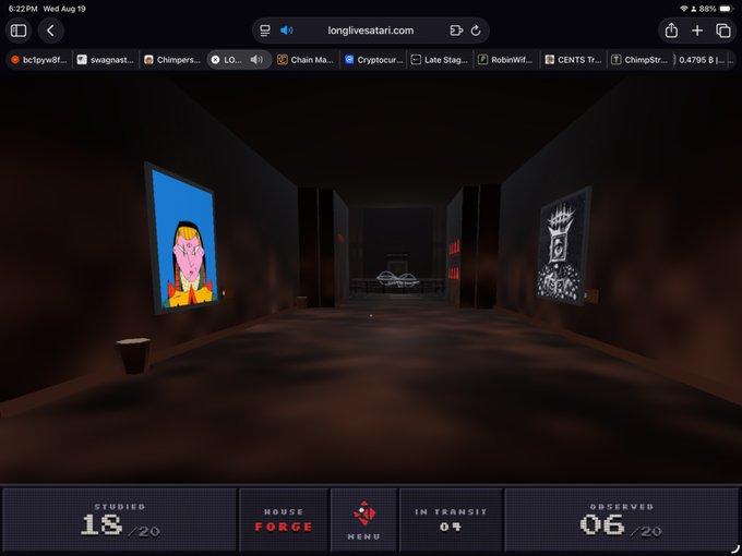 A screenshot of the browser-based game "longlivesatari.com" shows a dark gallery space with two illuminated NFT-style artworks on the walls and stats at the bottom indicating 18/20 studied, 0 in transit, and 06/20 observed. The interface is viewed on a tablet with various crypto-related tabs open, suggesting the user was exploring a blockchain art gallery when they encountered the posting limit.