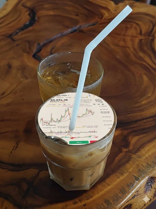 Two glasses of iced coffee on a wooden table, with the front glass featuring a printed stock chart lid displaying '05.894.20' and a white plastic straw.