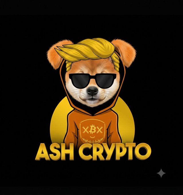A cartoon orange Shiba Inu dog wearing sunglasses and an orange hoodie with an "XΒX" Bitcoin-style logo, set against a black background with a yellow sun behind it. The text "ASH CRYPTO" is displayed in bold yellow letters below, representing the playful mashup of the "Ash Crypto" brand with the iconic Dogecoin/Dog mascot referenced in the post.