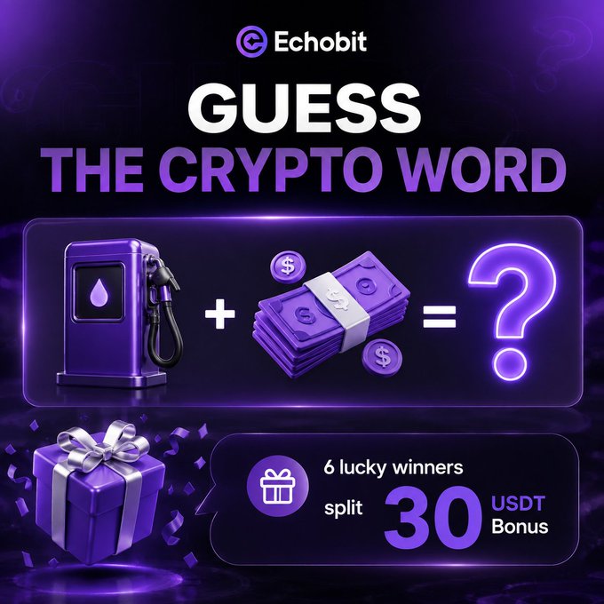 Echobit promotional graphic titled 'GUESS THE CRYPTO WORD' showing a purple gas pump + cash stack + ? puzzle, offering 6 lucky winners a split of 30 USDT Bonus.