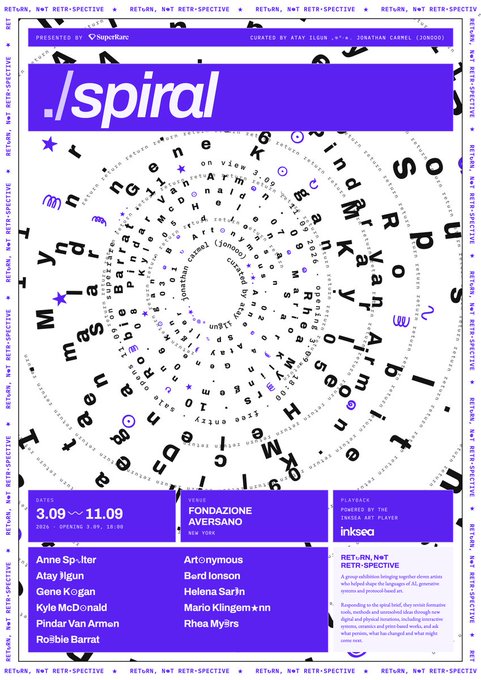 A vibrant purple and black exhibition poster for "./spiral" featuring a hypnotic spiral of scattered letters, advertising a group show at Fondazione Aversano from March 9–11.09, with participants including Atay İlgun, Gene Kogan, Kyle McDonald, Pindar Van Arman, and Rosie Barratt; the post promotes it as a $50 open edition archival pigment print available for purchase.