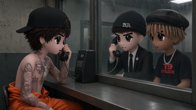 A young man in an orange prison jumpsuit with extensive tattoos sits on one side of a prison visiting booth, talking on the phone, while two friends in beanies and streetwear converse with him from the other side, with one wearing a shirt reading "19 O'CLOCK"—picturing the prisoner's urgent call to his crew to help spring him before his court date.