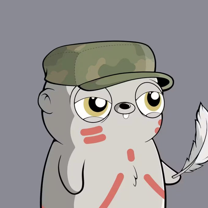 A cartoon seal character wearing a camouflage cap and holding a quill pen, with red markings on its face and body, gives a sleepy expression. The drawing playfully relates to the "gm" (good morning) post as a cute mascot greeting fellow bullish NFT enthusiasts.