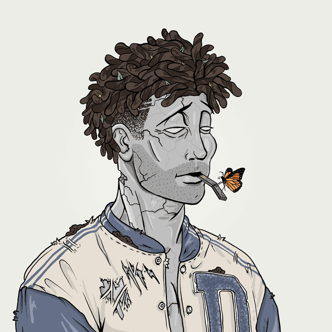 A digital illustration of a stylized figure with dreadlocks and cracked, stone-like gray skin, smoking a cigarette with a monarch butterfly perched on it.