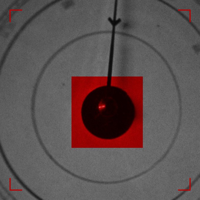 The image shows a grayscale photo of a dark circular object with a thin line extending upward from it, framed by red corner brackets and overlaid with a red square highlighting the central sphere, against a background of concentric circles.

The caption relates to the "Got your attention?" post by visually mimicking a targeting reticle or surveillance view, with the red square and corner brackets framing the dark sphere like a focal point or "target" to grab the viewer's eye.