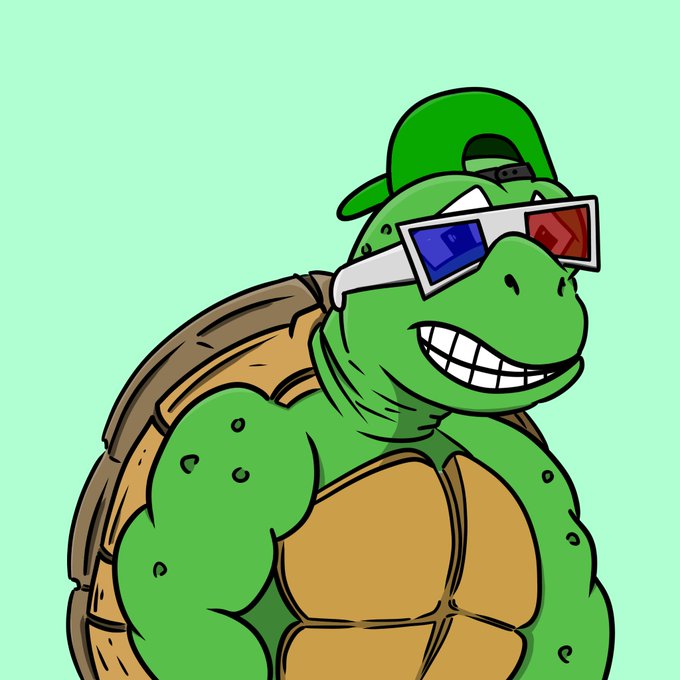 A cartoon illustration of a muscular green turtle character wearing 3D glasses and a backwards green baseball cap, smiling against a solid green background.