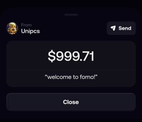 A screenshot of a $999.71 transaction notification from "Unipcs" with the memo "welcome to fomo!" displayed on a dark-themed payment app, illustrating the welcome gift mentioned in the post celebrating joining @fomo.