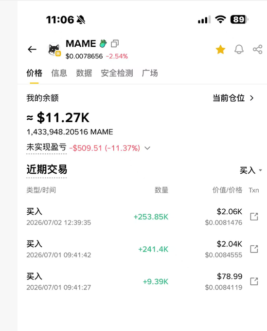A Binance mobile app screenshot shows a portfolio page for the MAME (a Pepe-style frog meme coin) holding, displaying a current balance of approximately $11.27K (1,433,948.20516 MAME tokens) at a price of $0.0078656, down 2.54%, with an unrealized loss of -$509.51 (-11.37%) and three recent buy transactions from early July 2026 totaling around $4.2K. The image illustrates the second item in the user's mid-year portfolio review, highlighting MAME as "A model for construction" among their meme coin and crypto holdings.