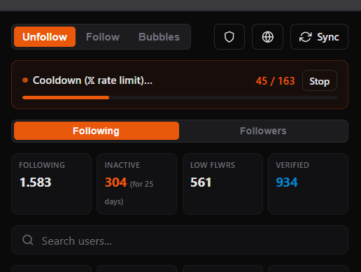 A social media management dashboard displays an "Unfollow" interface with a cooldown progress bar at 45/163, showing 1,583 following accounts broken down into 304 inactive (25+ days), 561 low followers, and 934 verified users, supporting the user's plan to mass-unfollow inactive or ungrateful accounts who remove them after receiving airdrops.