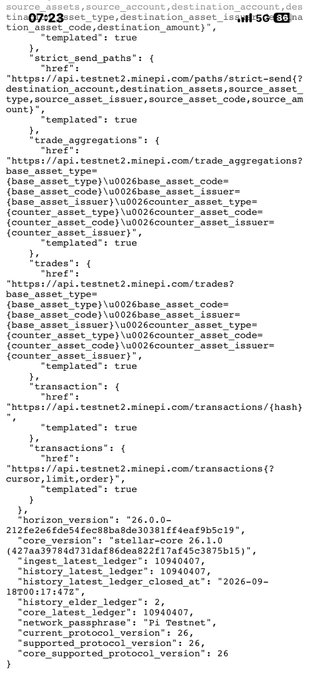 This image displays a JSON configuration file containing endpoint URLs and parameters for the Pi Network's testnet2, including various API templates for strict send paths, trade aggregations, trades, and transactions. The image visually confirms the post's claim by showing "history_latest_protocol_version": 26 across both testnet2 and mainnet networks, indicating both are still running on Protocol Version 26.