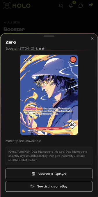 A mobile screenshot from the app HOLO displays a trading card game interface showing a character card named "Zero" with 20 cost and text detailing its "Once/Turn" ability to drain attack from an entity in the Garden or Alley.