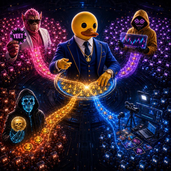 A colorful AI-generated image features a duck-headed businessman in a suit surrounded by other characters including a yeti, a hooded figure with a laptop, and a skull-faced entity, all amidst streams of glowing coins and digital elements.