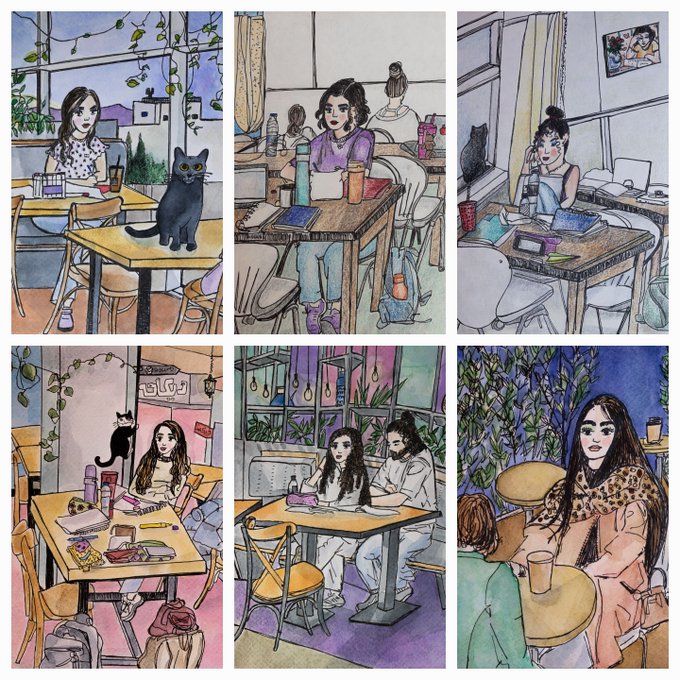 A collage of six watercolor and ink illustrations depicting women in various café settings, some with cats, studying and relaxing at tables.