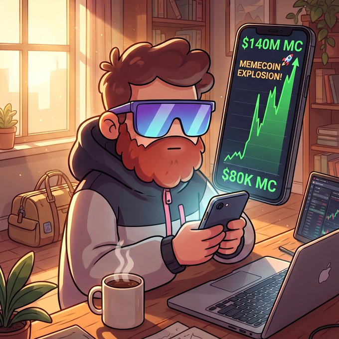 A cartoon illustration of a bearded man wearing VR-style sunglasses looking at a phone displaying "$140M MC MEMECOIN EXPLOSION!" with an upward green chart, next to a laptop and coffee mug.