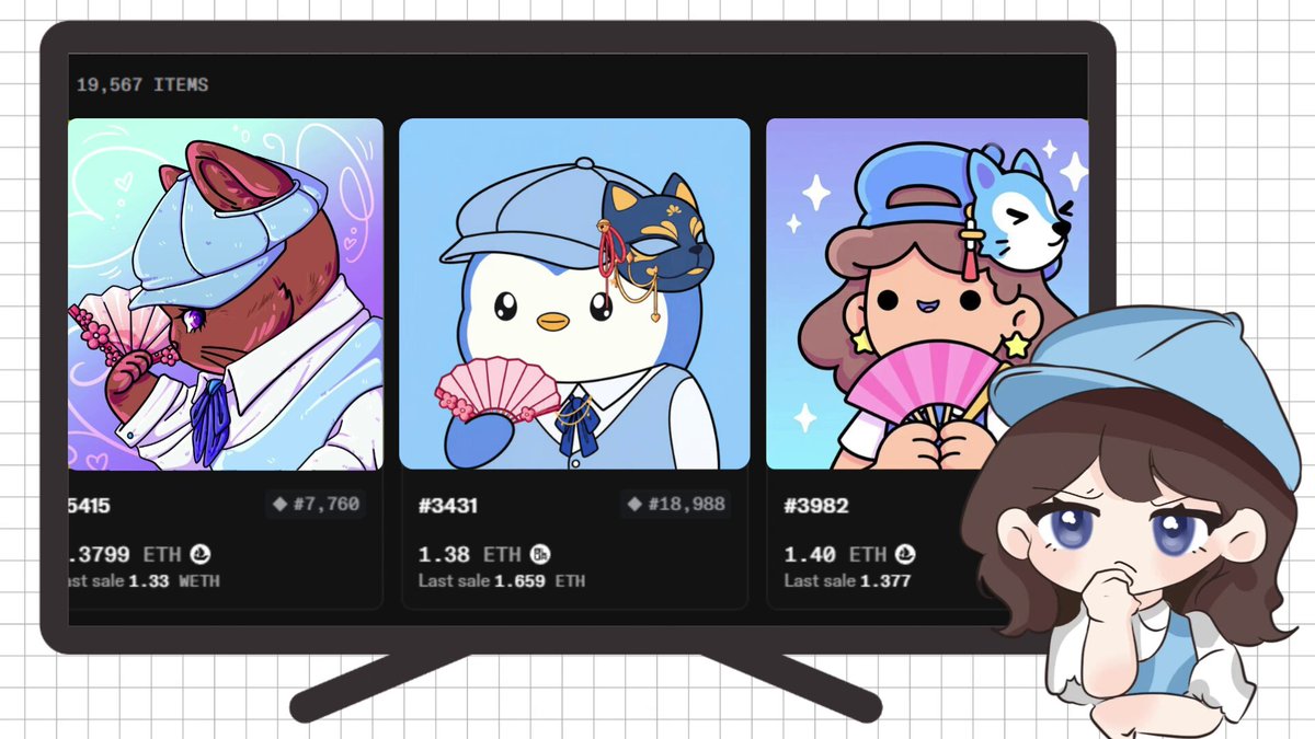 The image features a cartoon girl with blue hair standing next to a computer screen displaying three different images of cute cartoon characters, including a penguin, a cat, and a dog. The girl appears to be looking at these images or possibly browsing through them on her computer. The background of the image is white, which contrasts nicely with the colorful cartoon characters displayed on the screen.