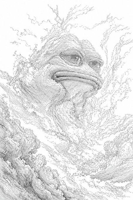 The image features an illustration of a man with a face, resembling a frog or a monster, rendered in black and white. The drawing appears to be done in a sketch style, giving it a unique and artistic touch. The background of the image is filled with clouds, adding depth and atmosphere to the scene. The post where this artwork was posted has been tagged with the handle "@ripe0x".