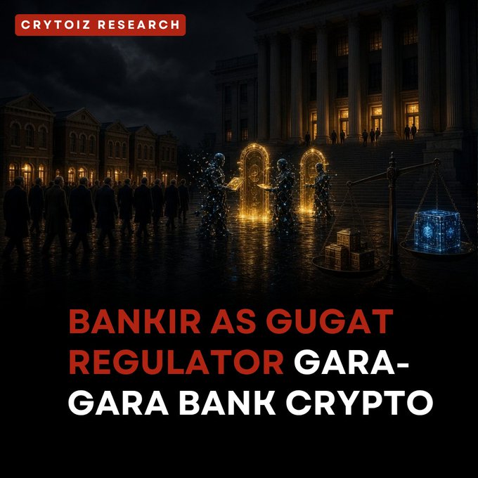 Graphic from Crytoiz Research titled 'BANKIR AS GUGAT REGULATOR GARA-GARA BANK CRYPTO', depicting figures in suits walking toward glowing archways outside a classical building, with a scale balancing stacks of cash against a digital cube.