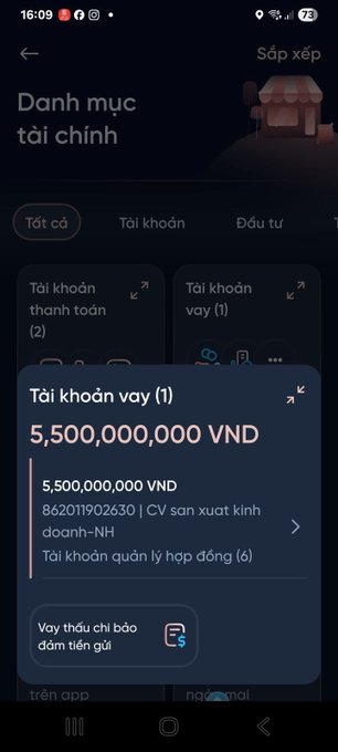 The image shows a Vietnamese banking app displaying a loan account ("Tài khoản vay") with an outstanding balance of 5,500,000,000 VND from Techcombank for a business in Hanoi. The post appears to mock or admire the borrower's ability to secure such a substantial business loan, jokingly asking how one can borrow like this for their startup.