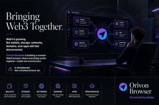 A marketing page for 'Orivon Browser' with the tagline 'Bringing Web3 Together,' showcasing features like Wallets, Storage, Networks, Domains, Apps, and Open Modules in a dark, neon-accented design.