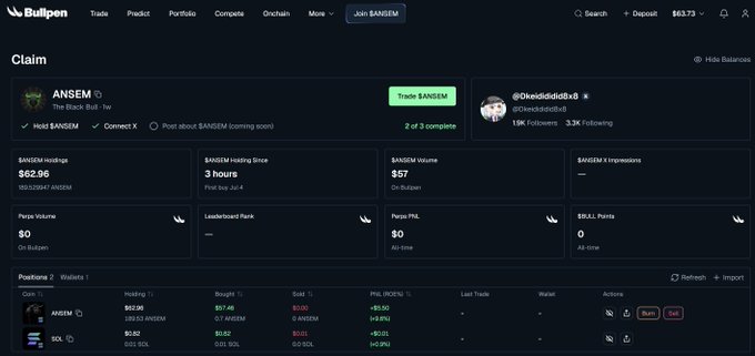 Bulpen crypto trading interface showing a 'Claim' page for the $ANSEM token, displaying $ANSEM Holdings of $62.96, Holding Since 3 hours, $ANSEM Volume of $157, with options to Trade $ANSEM.