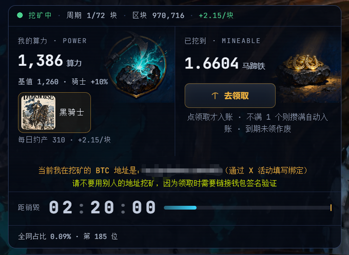 A dashboard displays mining statistics for the DarkHorse Genesis NFT project, showing 1,386 mining power, 1.6604 mintable 馬蹄铁 (Horseshoe) tokens, and an estimated 310 daily yield (+2.15/block) with 2 hours and 20 minutes until settlement. The interface confirms BTC mining rewards, aligning with the post's discussion of early participation in the RGBHorse Bitcoin ecosystem asset platform.