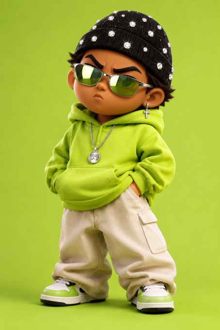 A 3D-rendered cartoon character of a young boy with a grumpy expression, wearing a black beanie with rhinestones, green-tinted sunglasses, a green hoodie, silver chain with a pendant, cross earring, beige cargo pants, and green and white sneakers, standing against a bright green background.