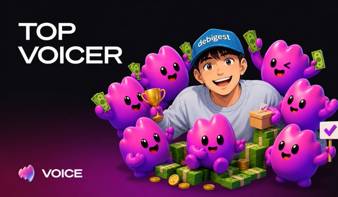 A cheerful man wearing a "debigest" cap holds a gold trophy while surrounded by happy purple blob characters, stacks of cash, and gold coins against a dark background, with "TOP VOICER" text and the "VOICE" logo prominently displayed. The image visually celebrates being a top creator/ambassador on the VOICE platform, complementing the post's message about the launch of Ambassador Program Season 2 and the rewards available to content creators.
