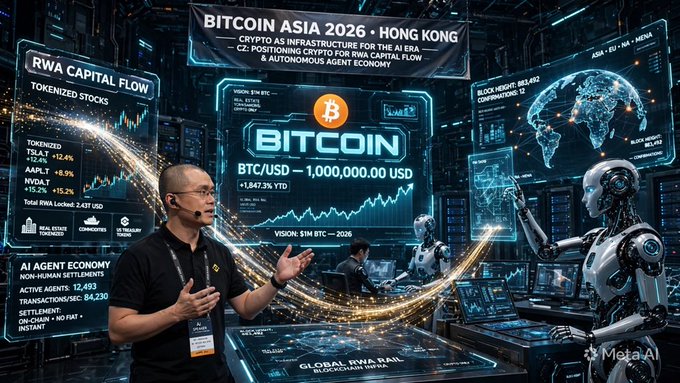 A speaker presents at Bitcoin Asia 2026 in Hong Kong beneath a banner declaring "Crypto as Infrastructure for the AI Era," while surrounding screens display "Bitcoin BTC/USD = 1,000,000.00 USD," real-world asset tokenized stock tickers (TSLA, AAPLY, NVDA), and an "AI Agent Economy" panel showing 1,493 active settlements—visually echoing the post's theme of crypto evolving beyond a speculative asset into infrastructure for AI and tokenized RWA.