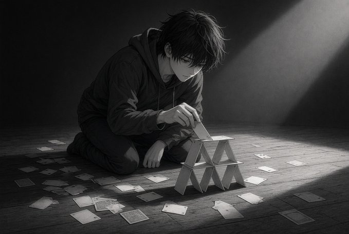 An anime-style black-and-white illustration of a young man building a card house on a wooden floor surrounded by scattered playing cards, illuminated by a beam of light.