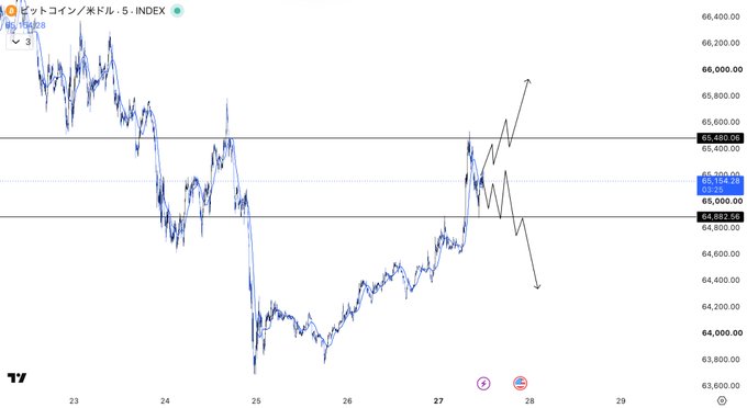 A TradingView candlestick chart for Bitcoin (ビットコイン/ドル) showing a sharp decline followed by a recovery, with arrows indicating a potential upward trend.