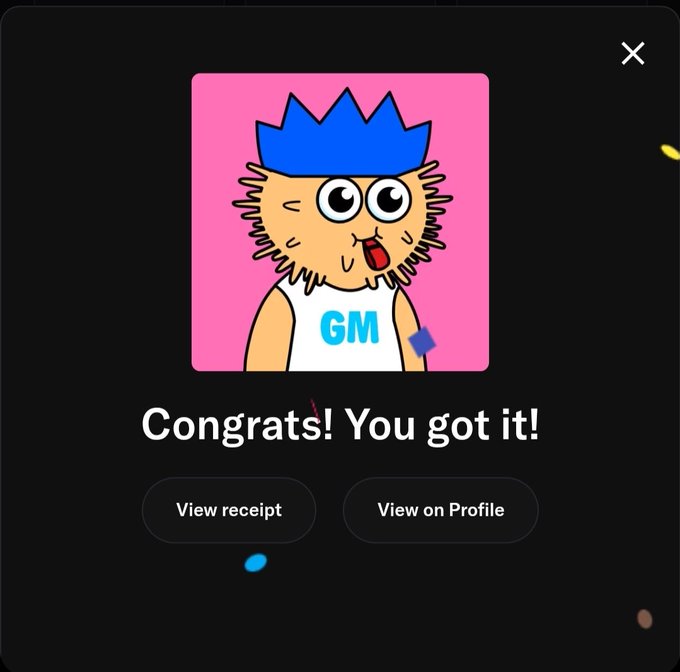 A pop-up screen showing a cartoon character with blue spiky hair and a 'GM' shirt, with text reading 'Congrats! You got it!' along with 'View receipt' and 'View on Profile' buttons.