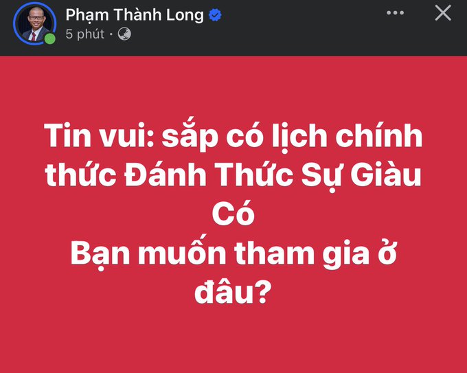 A Facebook post by Phạm Thành Long with Vietnamese text on a red background reading 'Tin vui: sắp có lịch chính thức Đánh Thức Sự Giàu Có - Bạn muốn tham gia ở đâu?'