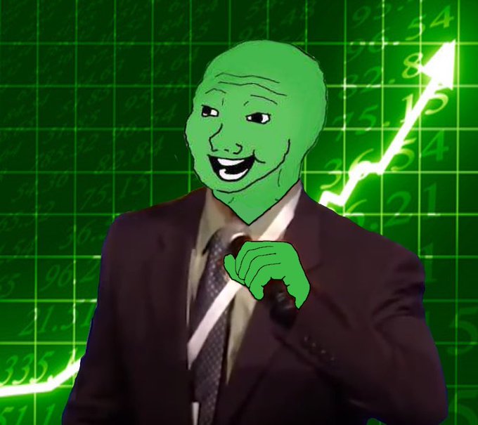 A man in a suit has the green "Wojak" meme face superimposed on him, set against a glowing green stock chart background, evoking a money-focused success meme that humorously ties into the post celebrating minting 50 NFTs and crediting @jackbutcher.