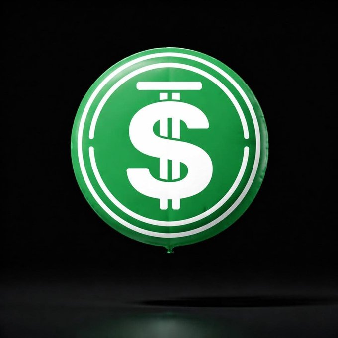 A round green balloon with a white dollar sign logo is photographed against a solid black background.